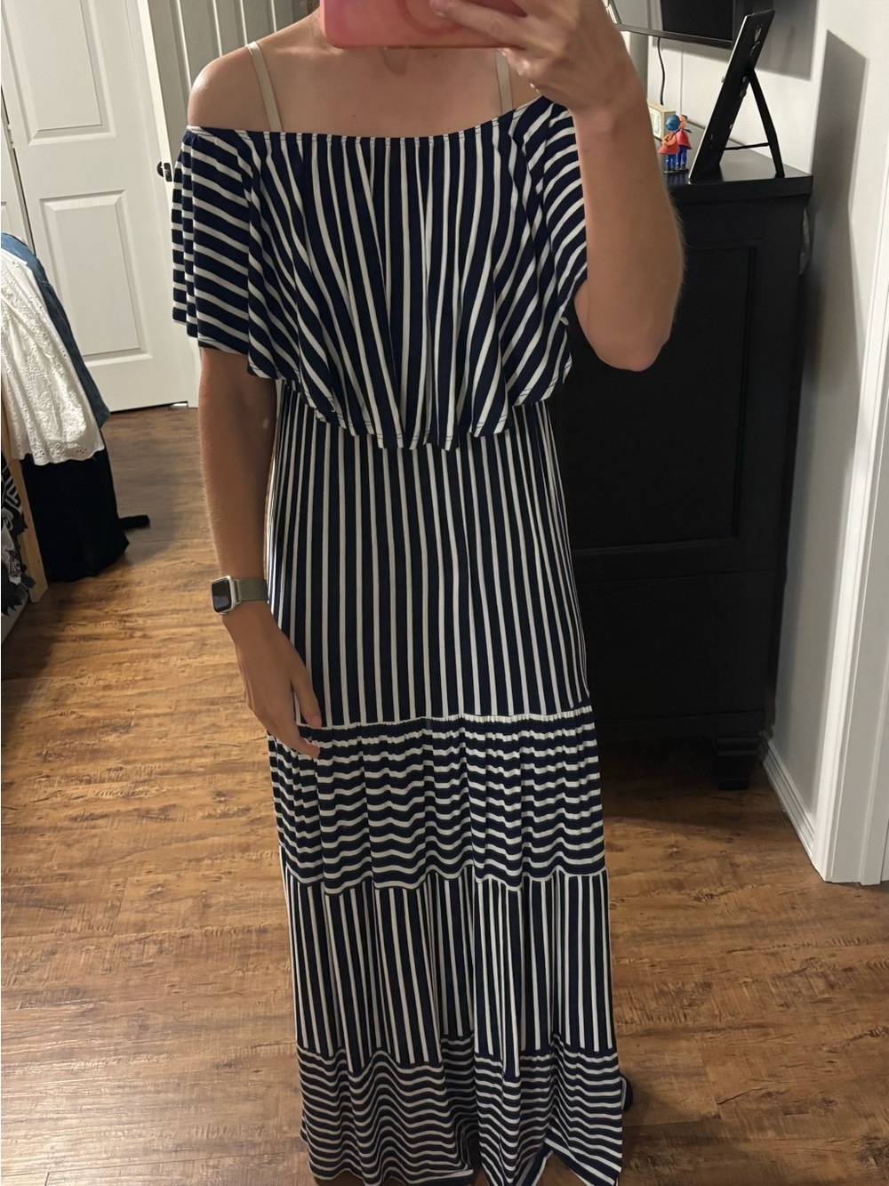 First Looks Navy and White One-Shoulder Stripe Maxi Dress
